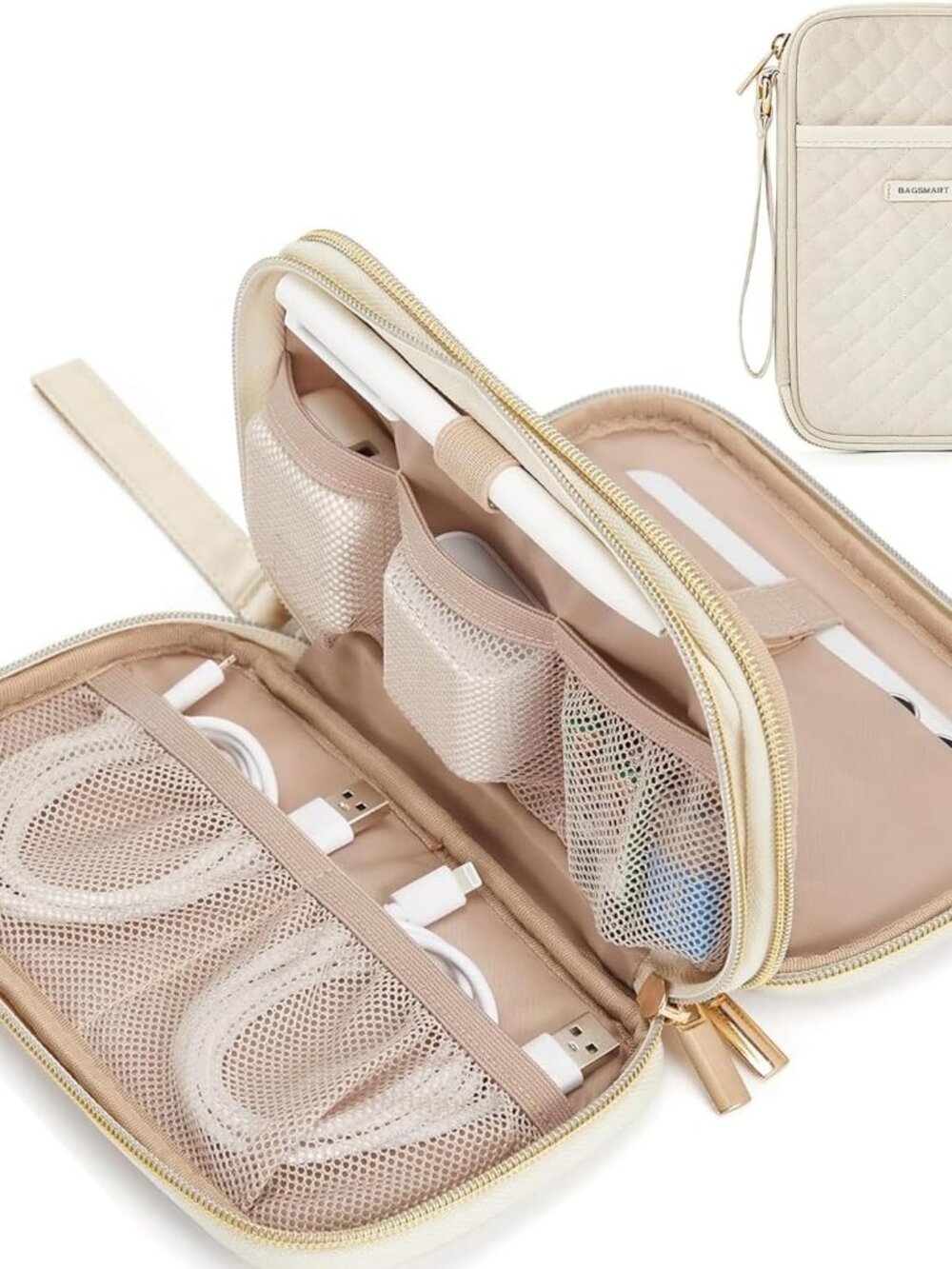 BAGSMART Electronic Cord Organizer, Travel Bag Case, Double Layers, Beige, NWT